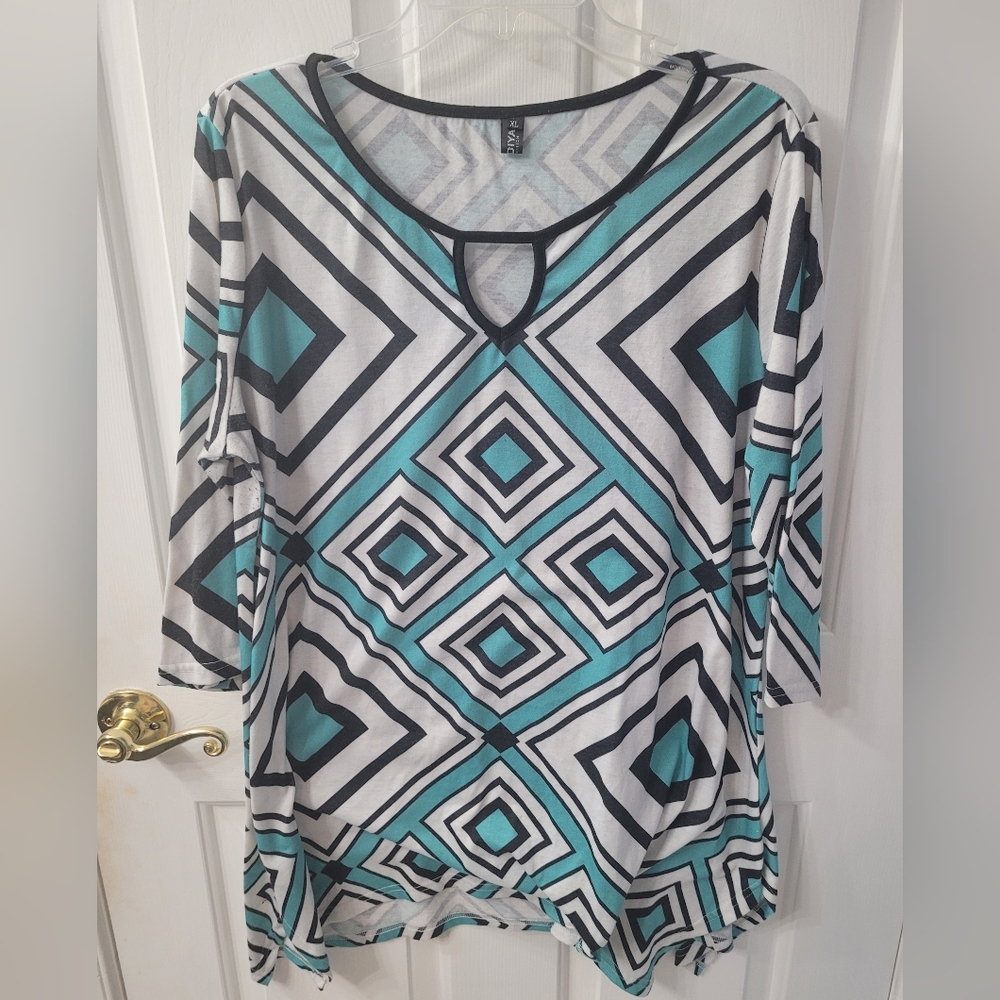 Geometric Patterned Top in Black, White, and Blue